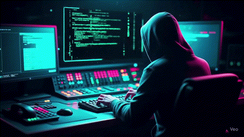 Illustration of a hacker reviewing code